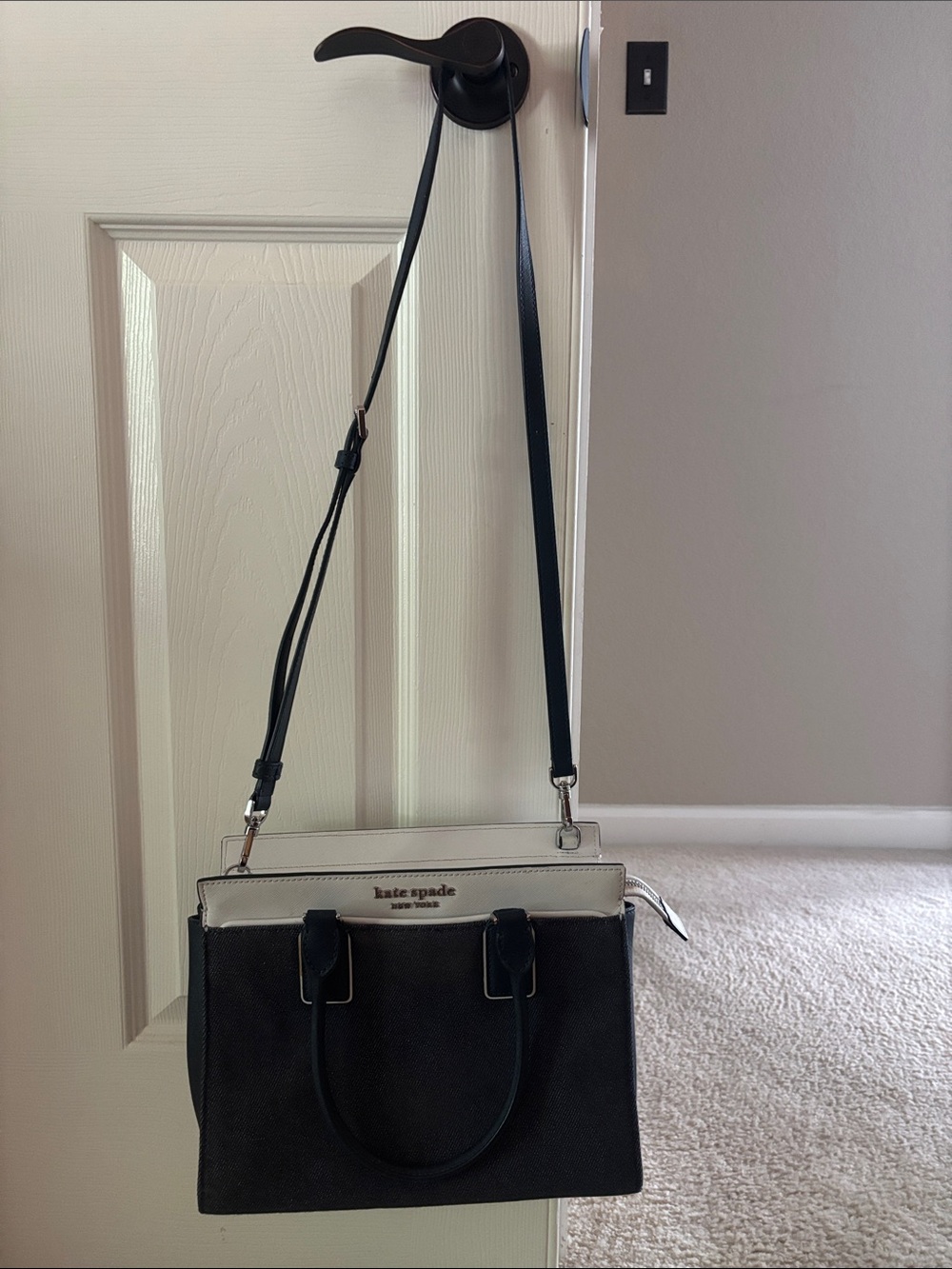 Kate Spade Two-Tone Denim Blue and White Leather Satchel with Shoulder Strap.